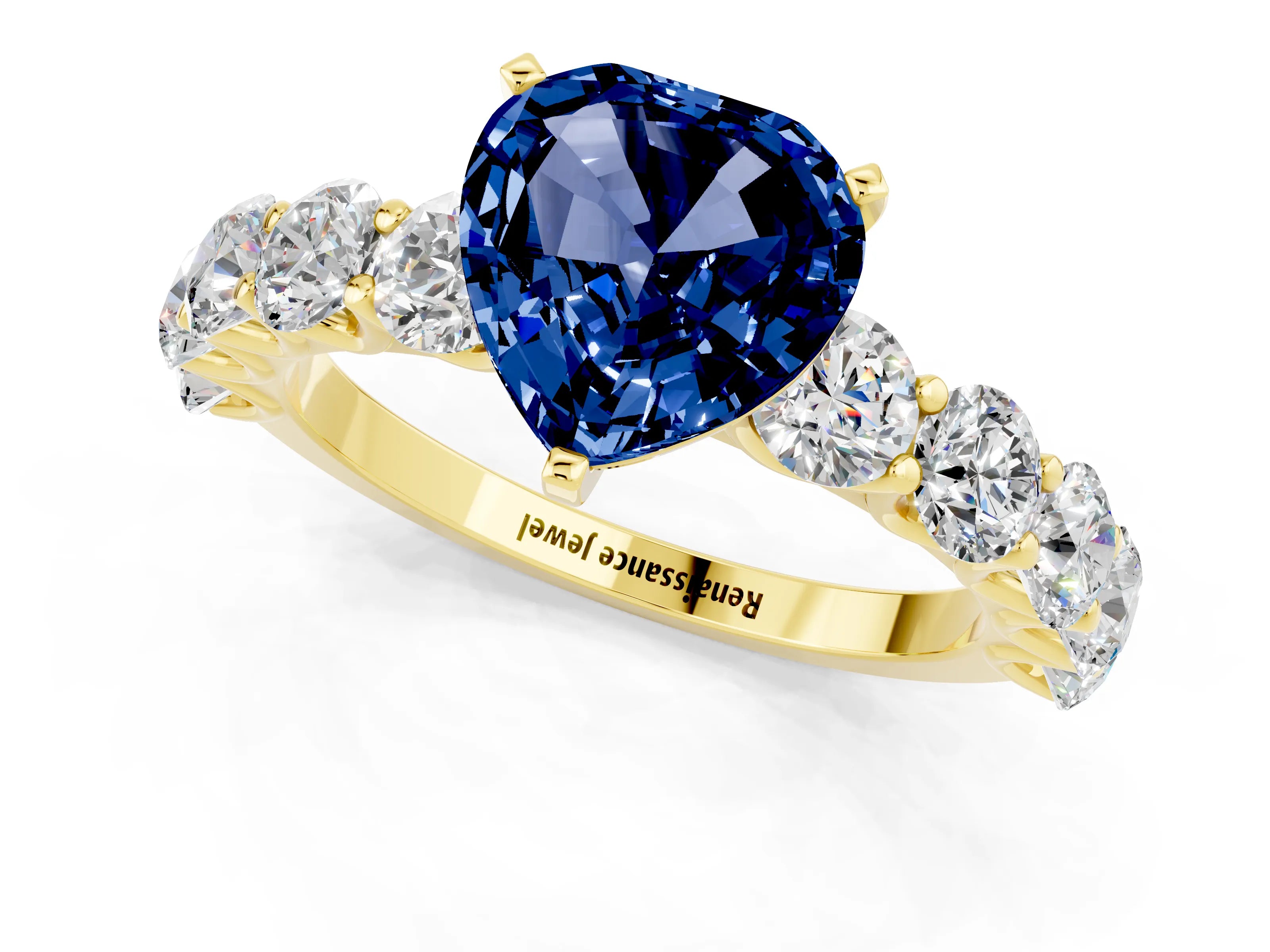 Yellow gold Heart Cut Blue Sapphire Prong Setting with Side Stones on a Pave Band_1
