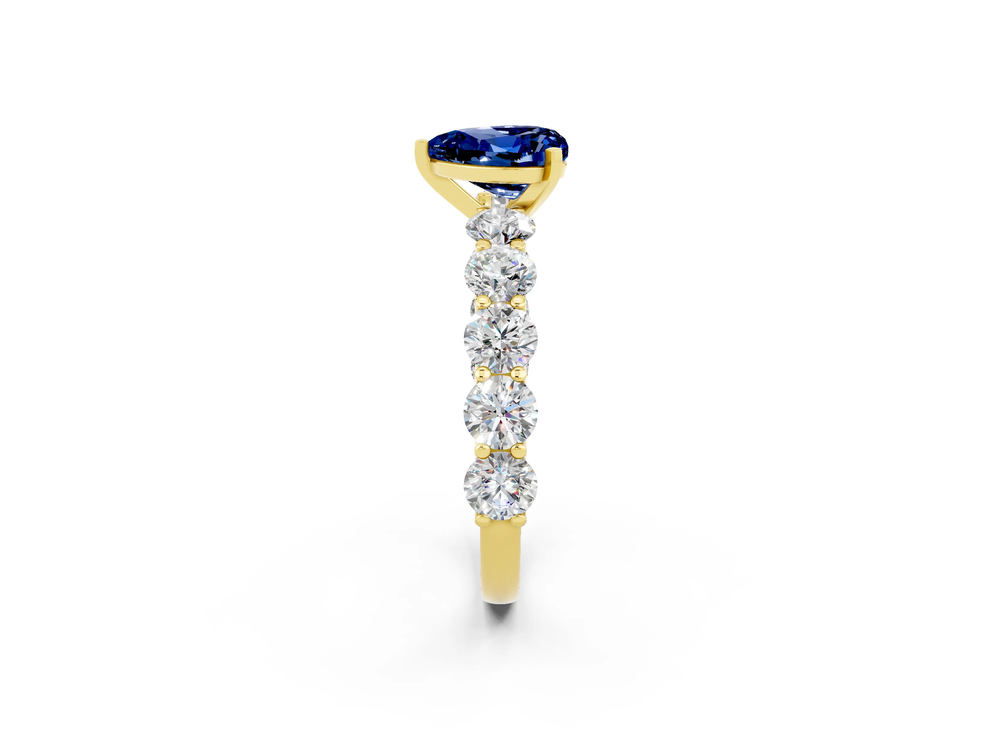 Yellow gold Heart Cut Blue Sapphire Prong Setting with Side Stones on a Pave Band_2