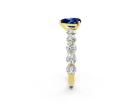 Yellow gold Heart Cut Blue Sapphire Prong Setting with Side Stones on a Pave Band_2