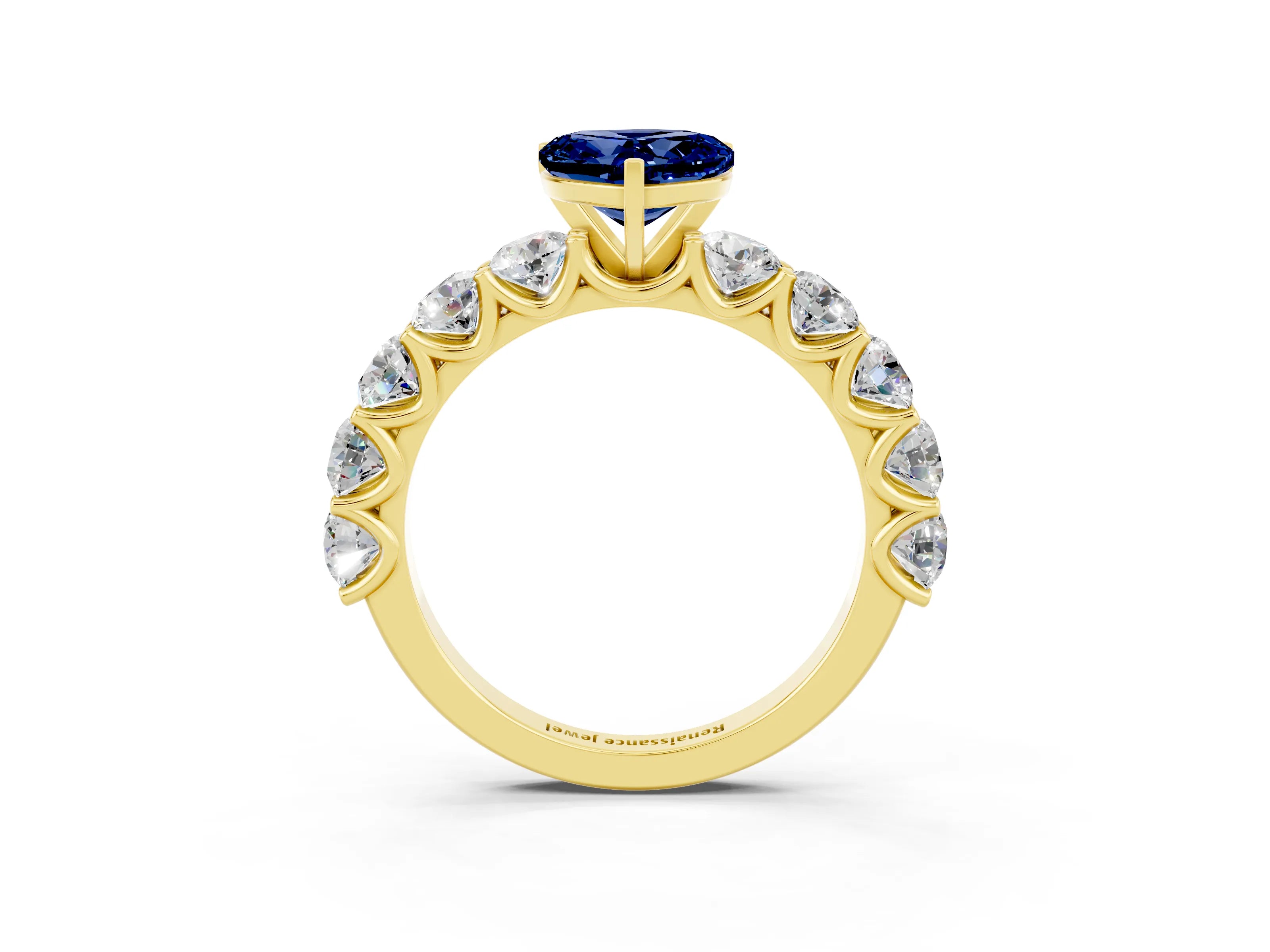 Yellow gold Heart Cut Blue Sapphire Prong Setting with Side Stones on a Pave Band_3