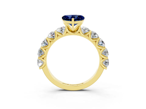 Yellow gold Heart Cut Blue Sapphire Prong Setting with Side Stones on a Pave Band_3