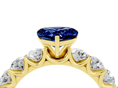 Yellow gold Heart Cut Blue Sapphire Prong Setting with Side Stones on a Pave Band_4