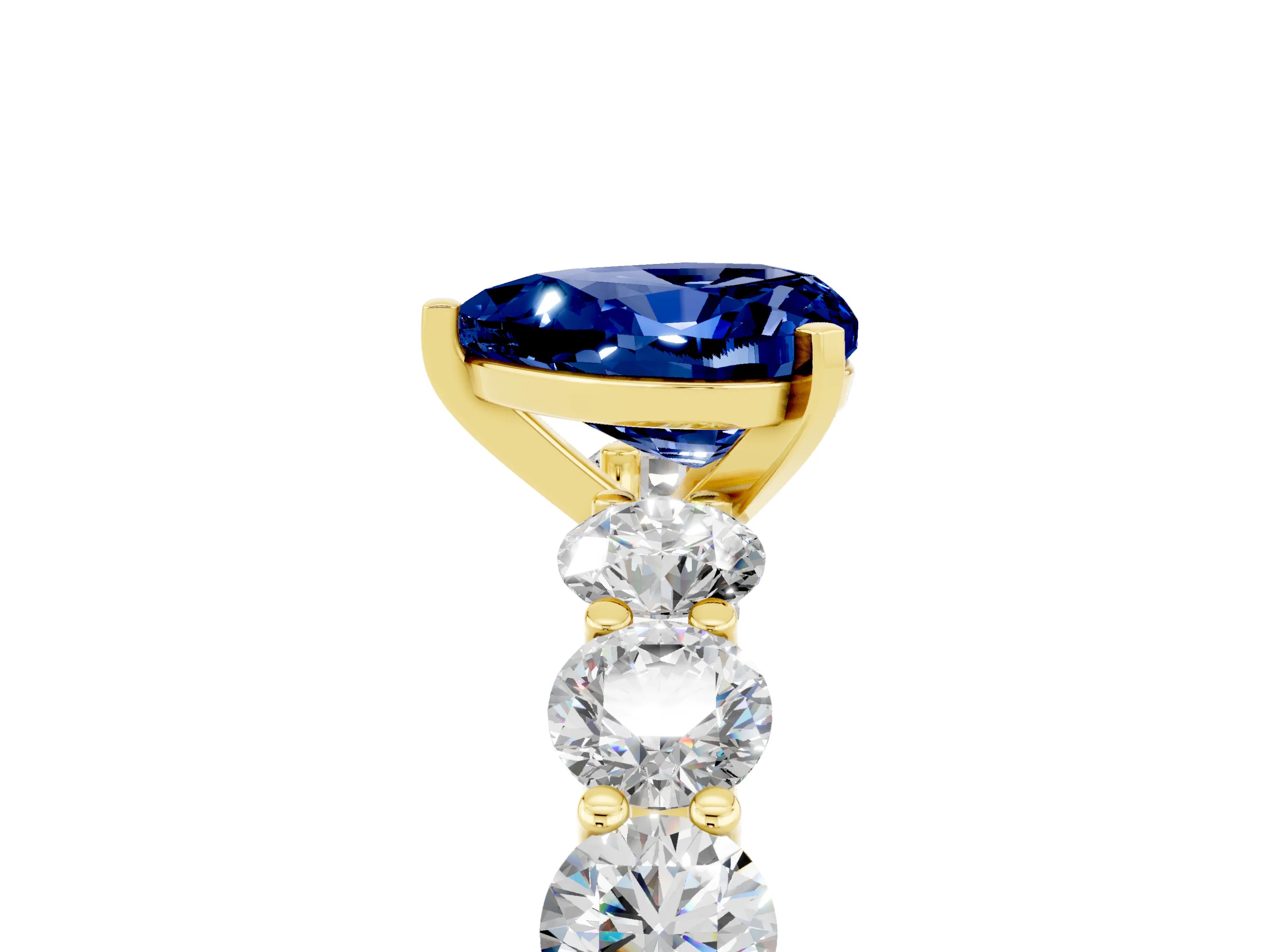 Yellow gold Heart Cut Blue Sapphire Prong Setting with Side Stones on a Pave Band_5