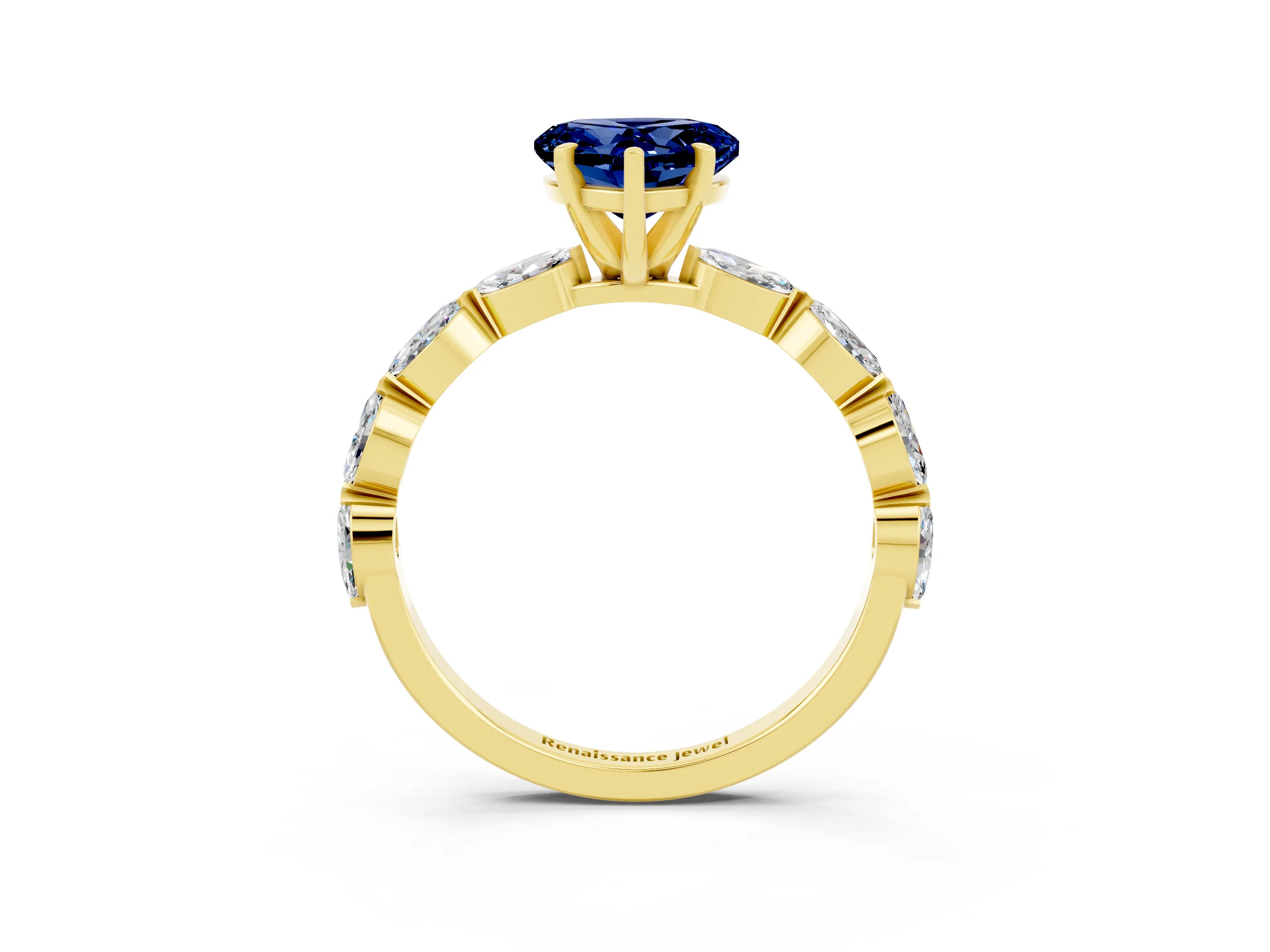 Yellow gold Heart Cut Blue Sapphire Ring with Marquise Side Stones and Prong Setting_3