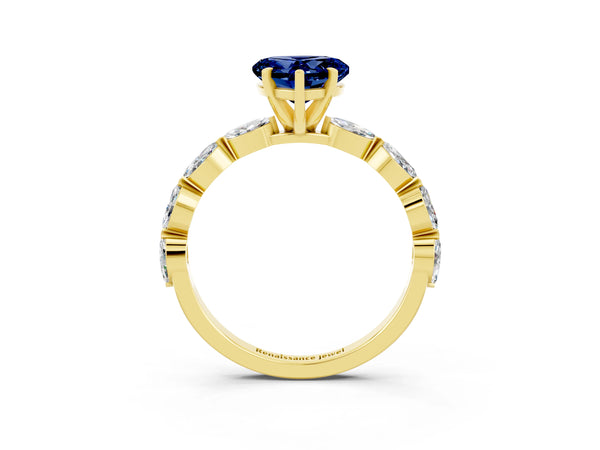 Yellow gold Heart Cut Blue Sapphire Ring with Marquise Side Stones and Prong Setting