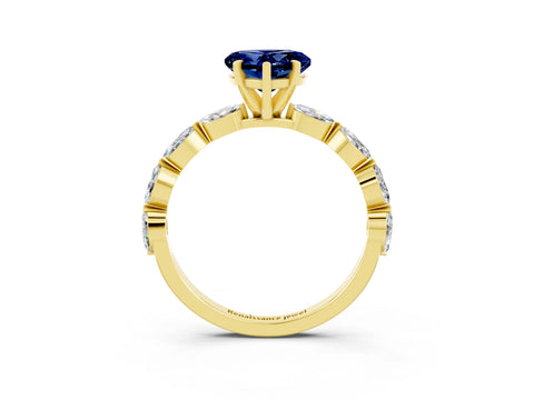 Yellow gold Heart Cut Blue Sapphire Ring with Marquise Side Stones and Prong Setting_3