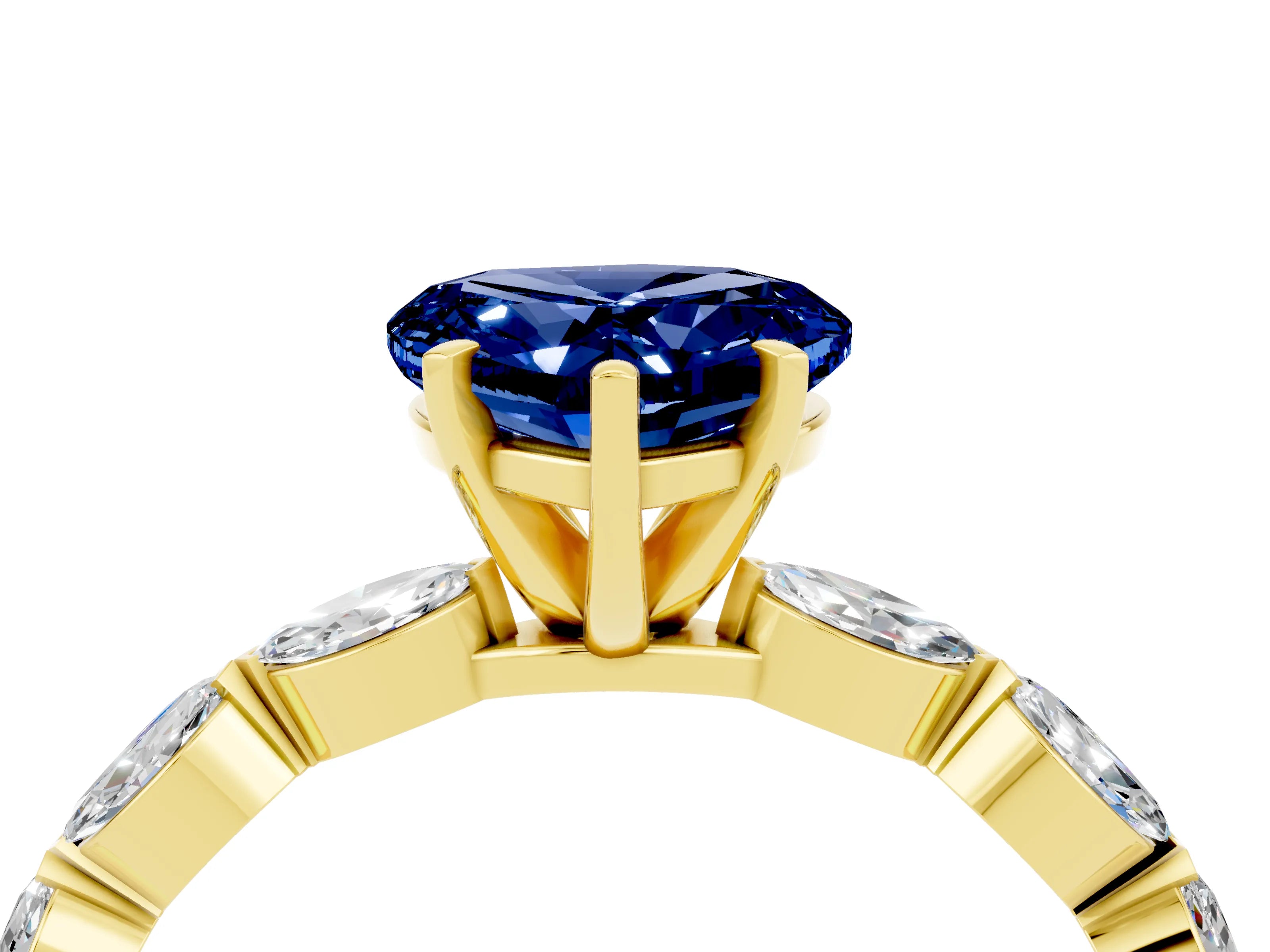 Yellow gold Heart Cut Blue Sapphire Ring with Marquise Side Stones and Prong Setting_4