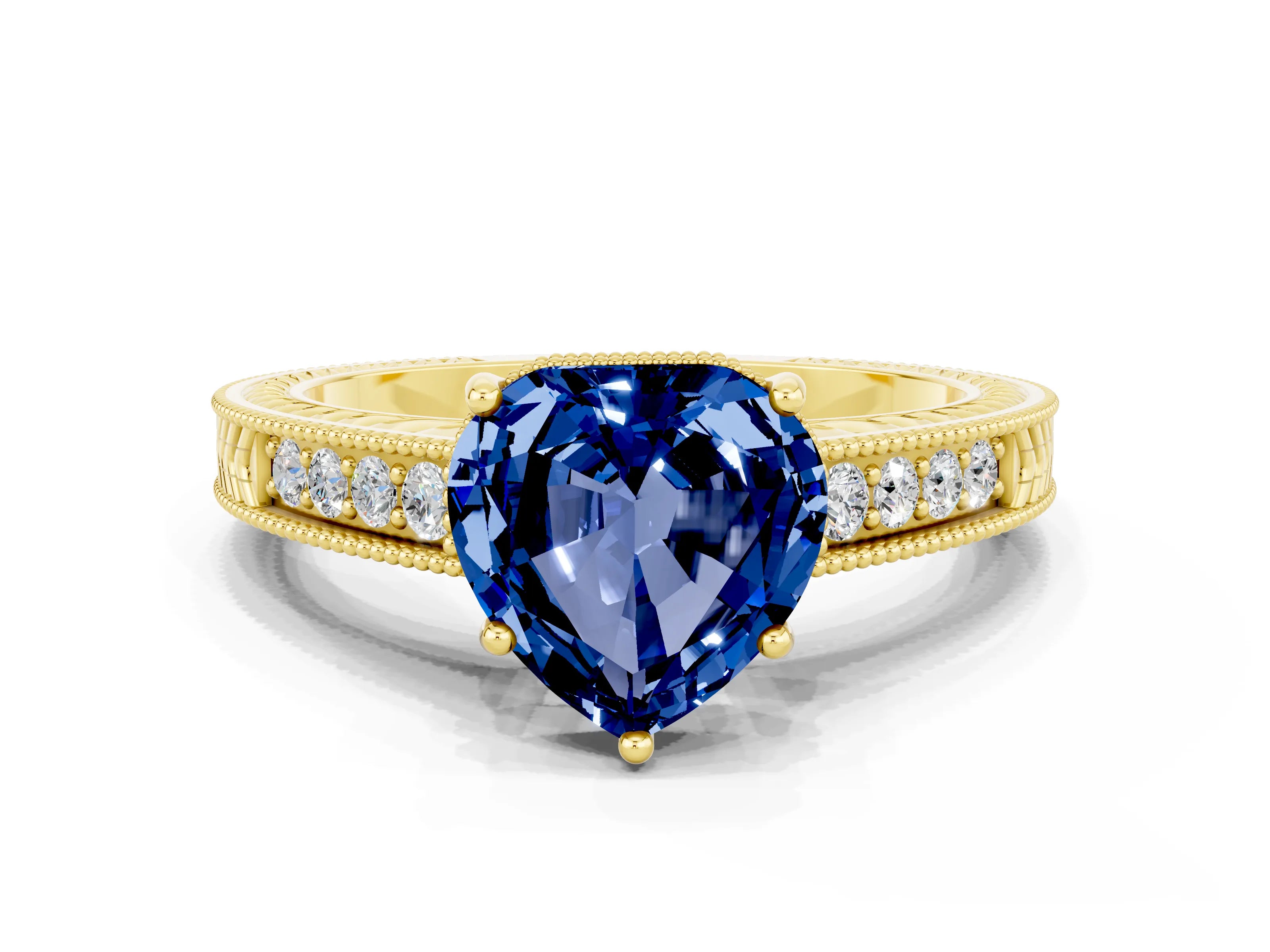 Yellow gold Heart Cut Blue Sapphire Ring with Milgrain Pavé Band and Four-Prong Setting_12