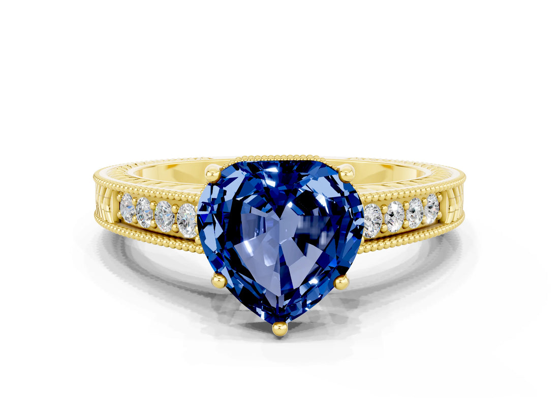 Yellow gold Heart Cut Blue Sapphire Ring with Milgrain Pavé Band and Four-Prong Setting_12