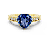 Yellow gold Heart Cut Blue Sapphire Ring with Milgrain Pavé Band and Four-Prong Setting_12