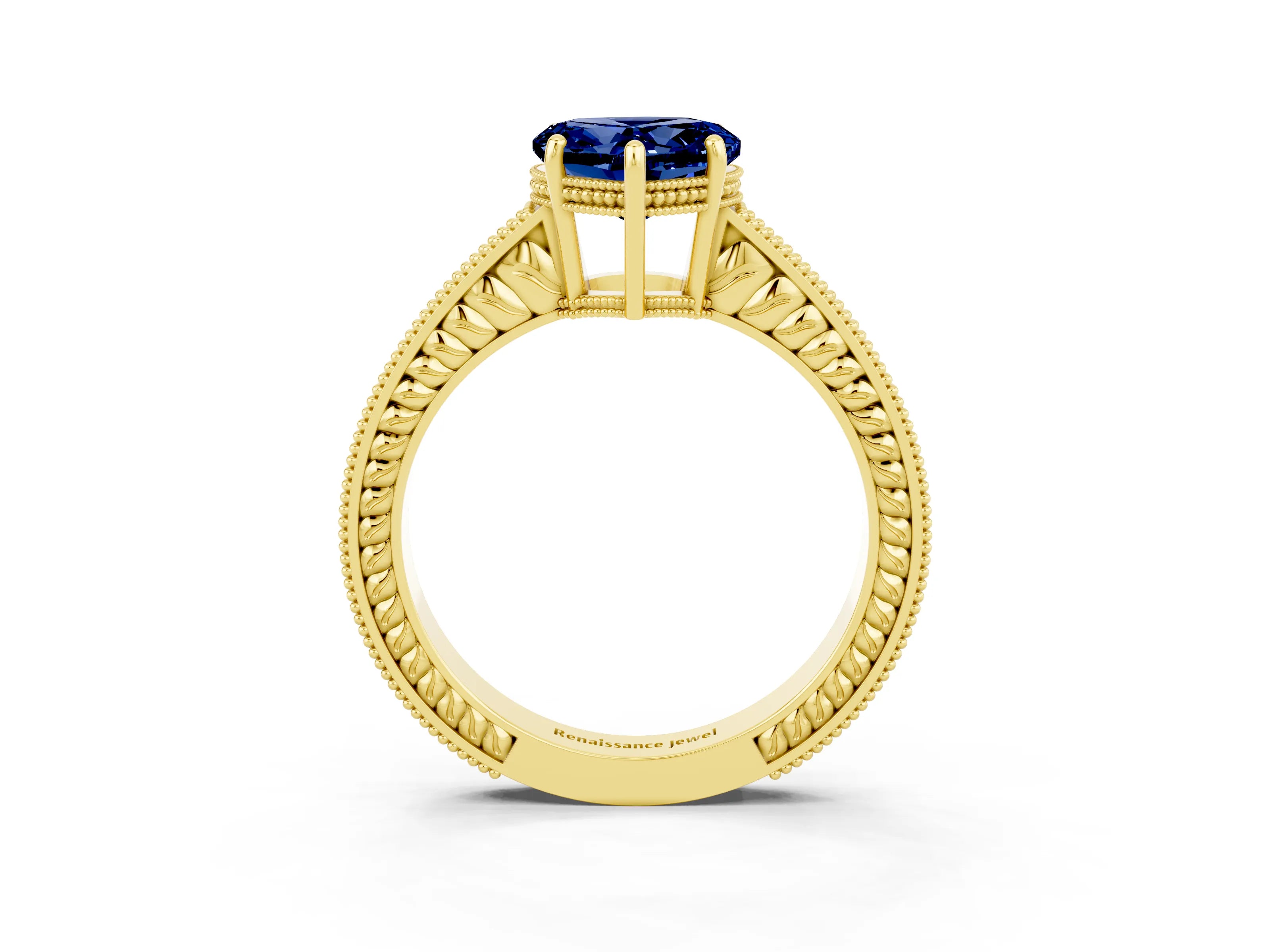 Yellow gold Heart Cut Blue Sapphire Ring with Milgrain Pavé Band and Four-Prong Setting_15