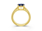 Yellow gold Heart Cut Blue Sapphire Ring with Milgrain Pavé Band and Four-Prong Setting_15