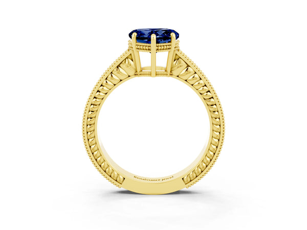 Yellow gold Heart Cut Blue Sapphire Ring with Milgrain Pavé Band and Four-Prong Setting