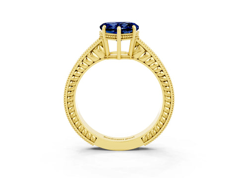 Yellow gold Heart Cut Blue Sapphire Ring with Milgrain Pavé Band and Four-Prong Setting_15