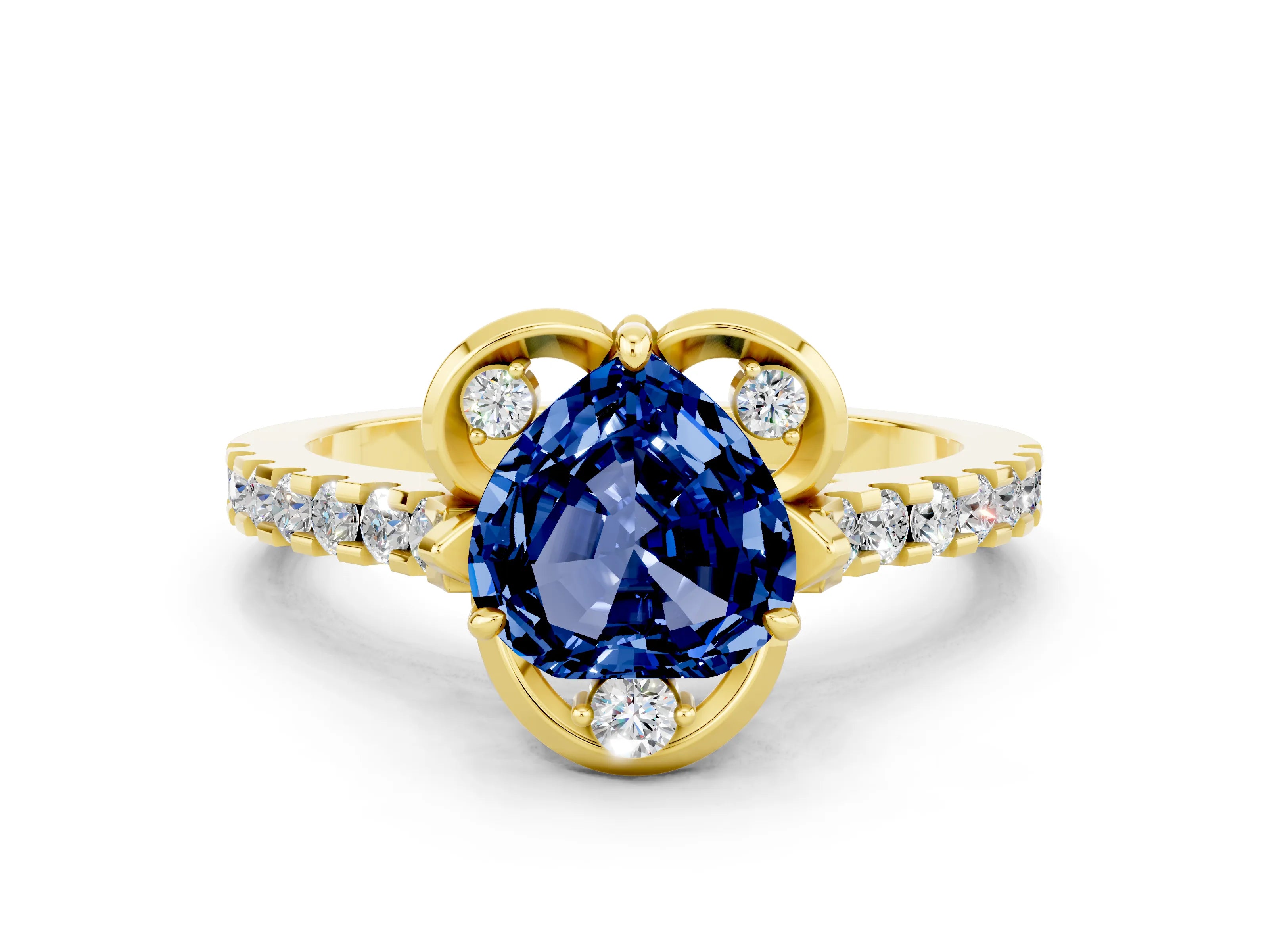 Yellow gold Heart Cut Blue Sapphire Ring with Pavé Band and Floral Prong Setting