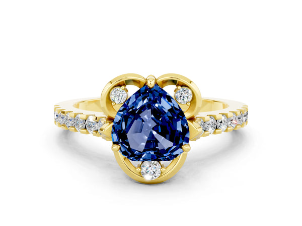 Yellow gold Heart Cut Blue Sapphire Ring with Pavé Band and Floral Prong Setting