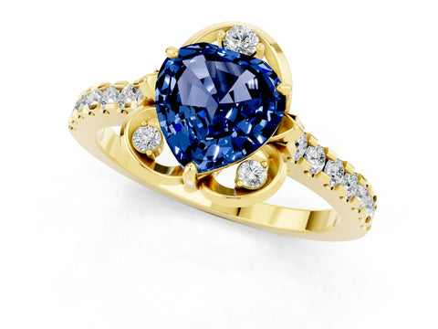 Yellow gold Heart Cut Blue Sapphire Ring with Pavé Band and Floral Prong Setting_1