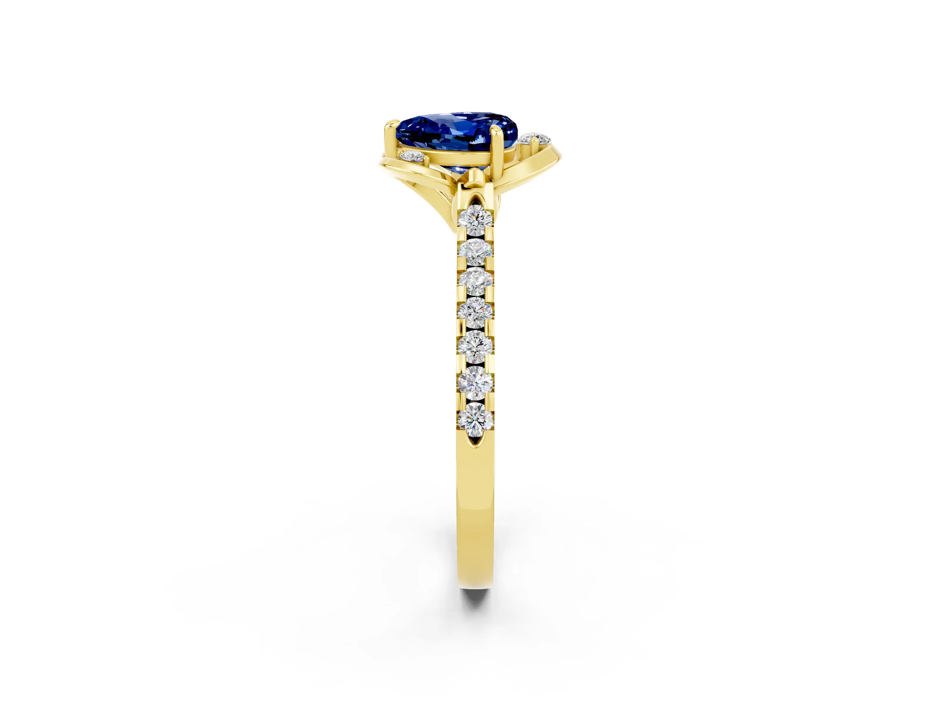 Yellow gold Heart Cut Blue Sapphire Ring with Pavé Band and Floral Prong Setting_2