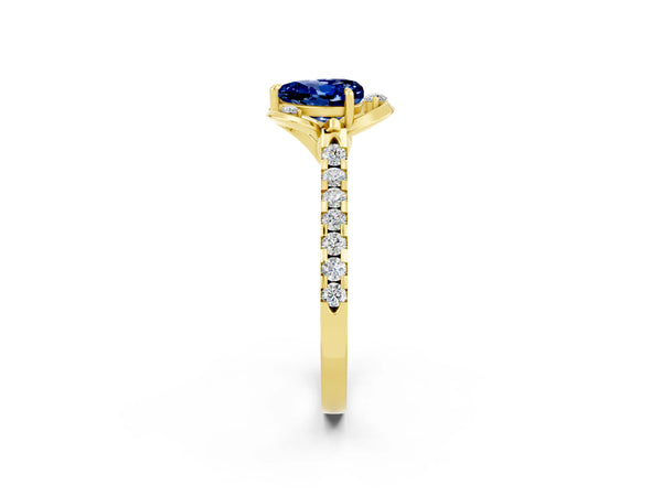 Yellow gold Heart Cut Blue Sapphire Ring with Pavé Band and Floral Prong Setting
