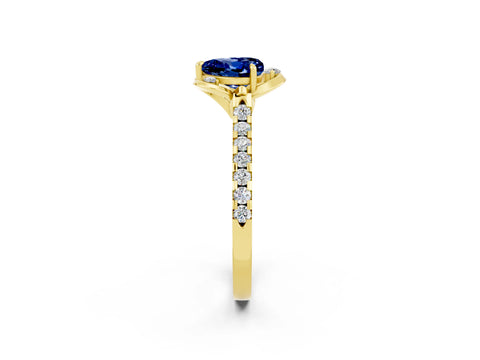 Yellow gold Heart Cut Blue Sapphire Ring with Pavé Band and Floral Prong Setting_2