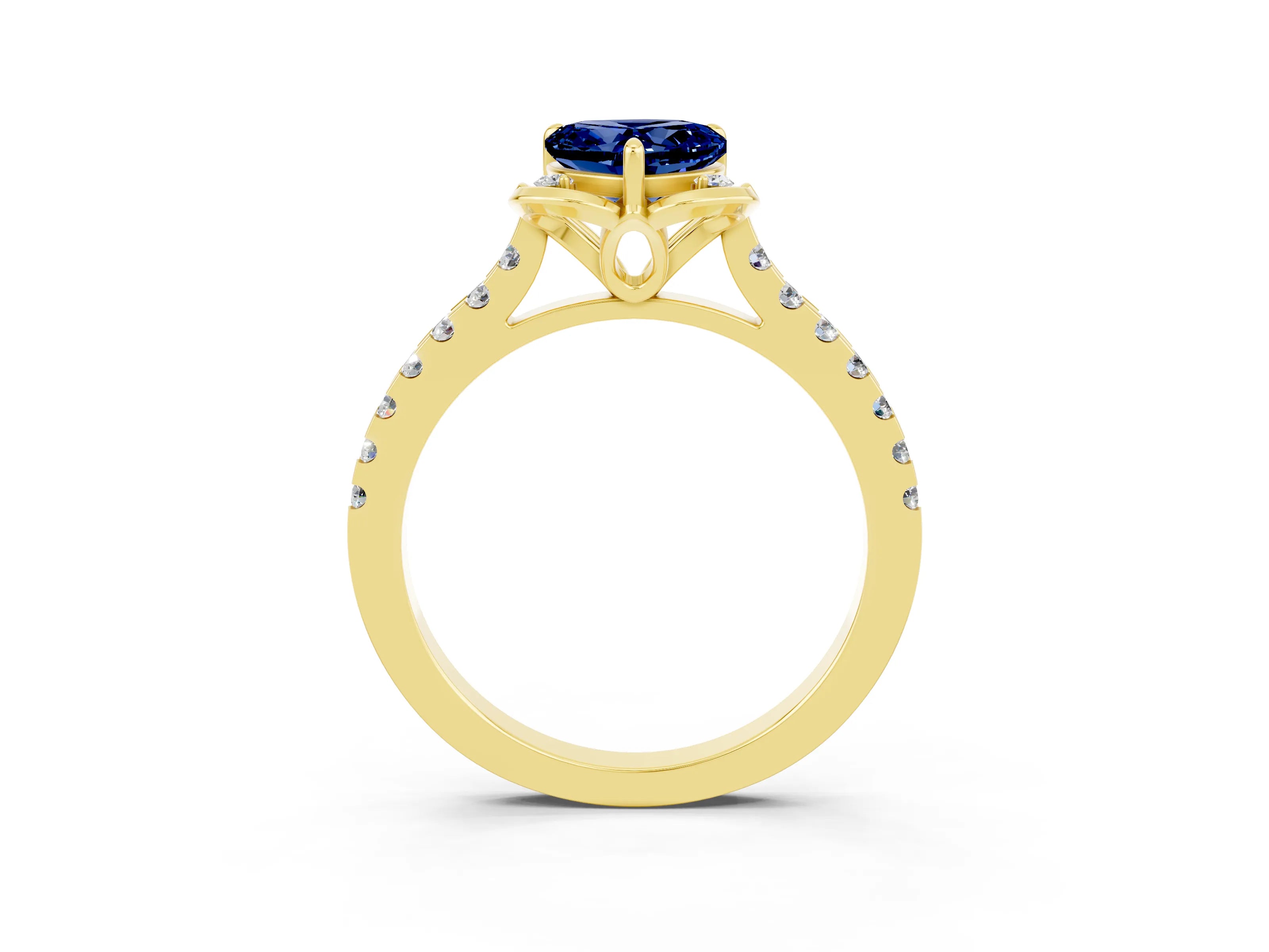 Yellow gold Heart Cut Blue Sapphire Ring with Pavé Band and Floral Prong Setting_3