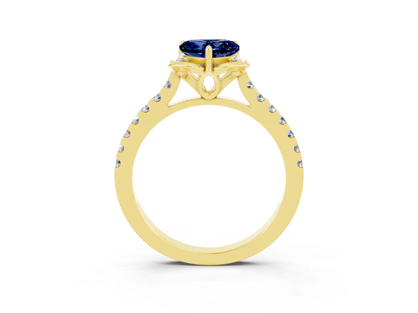 Yellow gold Heart Cut Blue Sapphire Ring with Pavé Band and Floral Prong Setting