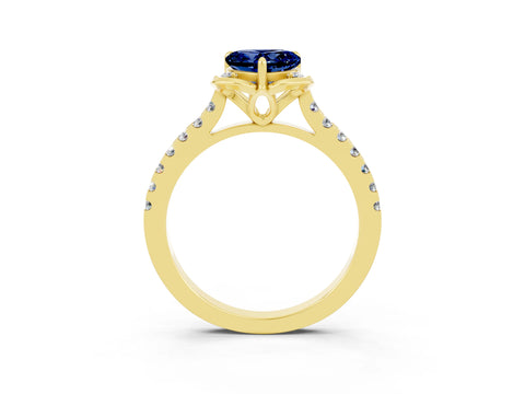 Yellow gold Heart Cut Blue Sapphire Ring with Pavé Band and Floral Prong Setting_3