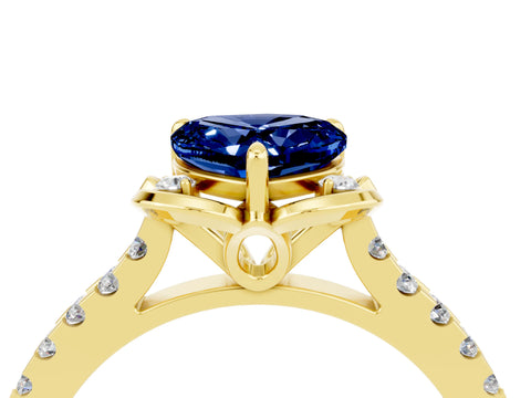 Yellow gold Heart Cut Blue Sapphire Ring with Pavé Band and Floral Prong Setting_4