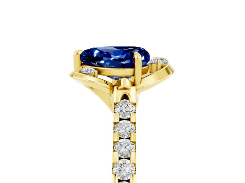 Yellow gold Heart Cut Blue Sapphire Ring with Pavé Band and Floral Prong Setting_5