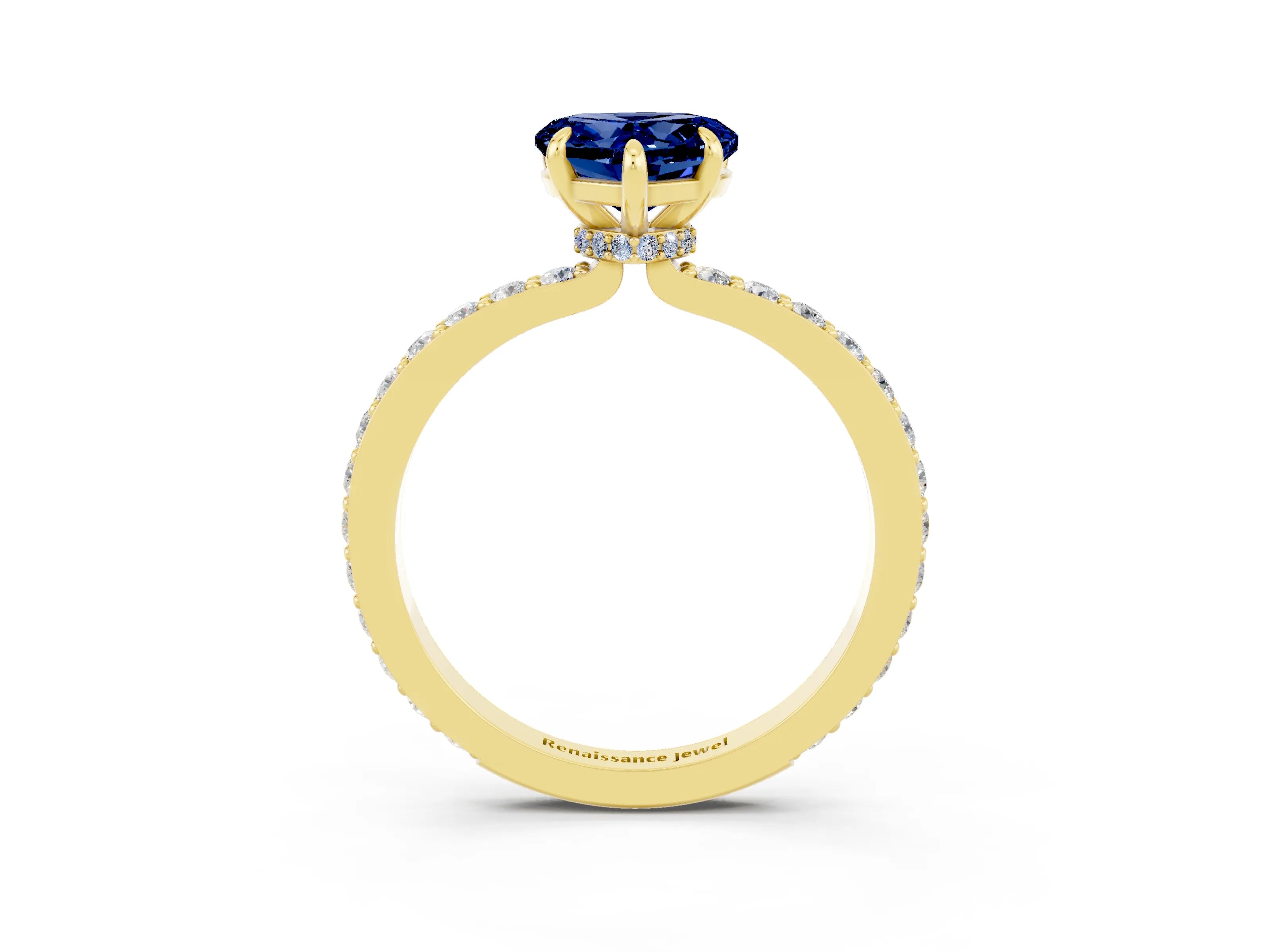 Yellow gold Heart Cut Blue Sapphire Ring with Pavé Band and Four-Prong Setting_3