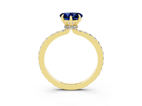 Yellow gold Heart Cut Blue Sapphire Ring with Pavé Band and Four-Prong Setting_3