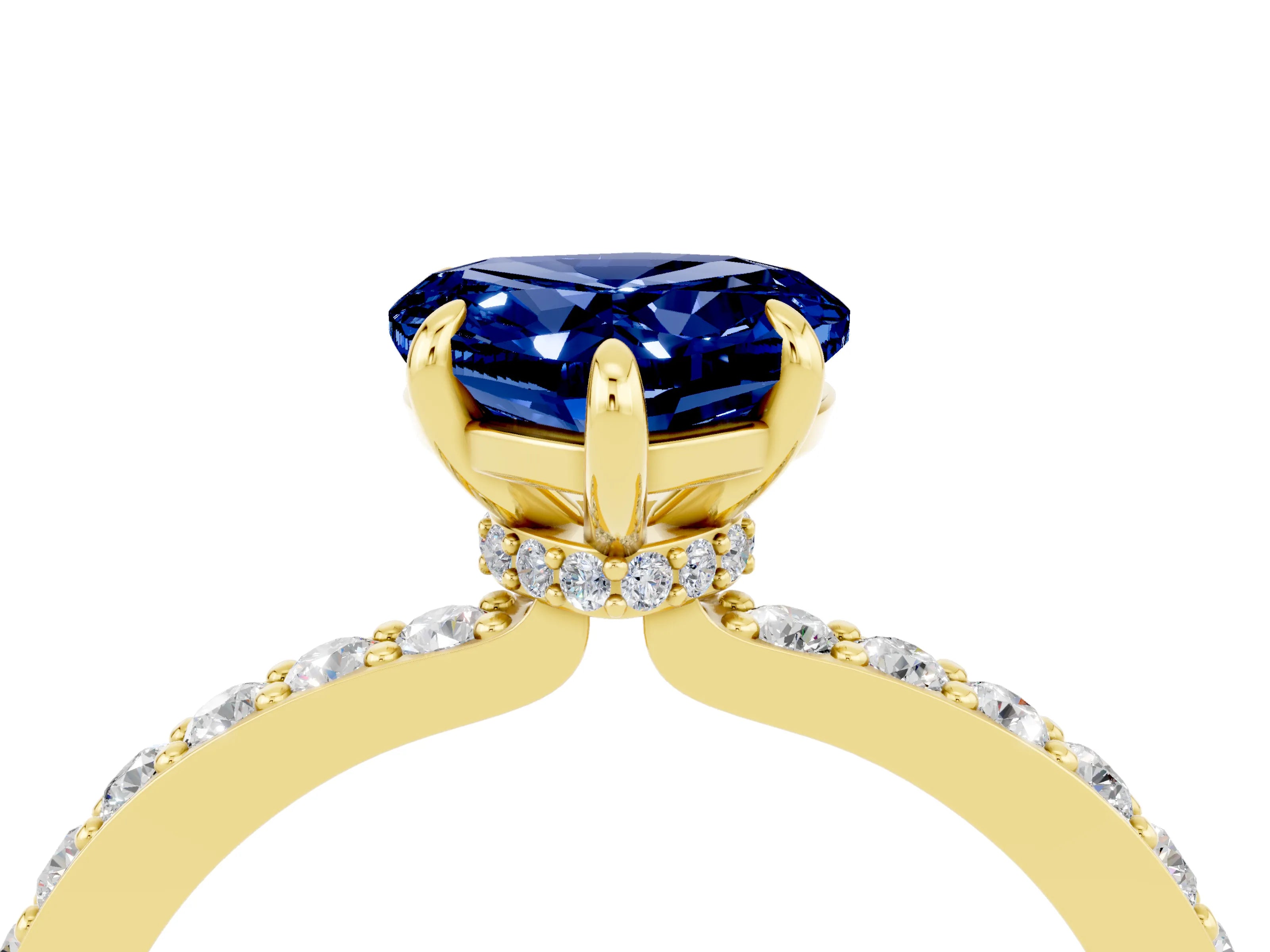 Yellow gold Heart Cut Blue Sapphire Ring with Pavé Band and Four-Prong Setting_4