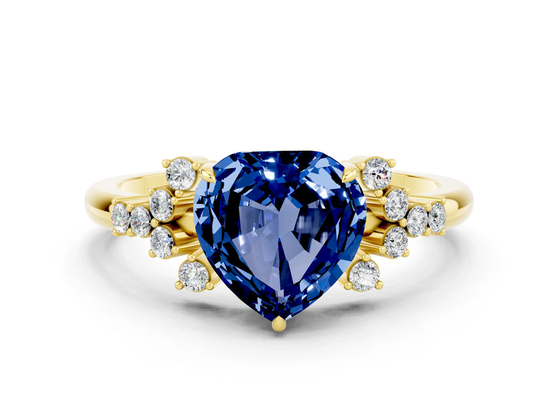 Yellow gold Heart Cut Blue Sapphire Ring with Side Stones and Four-Prong Setting_36