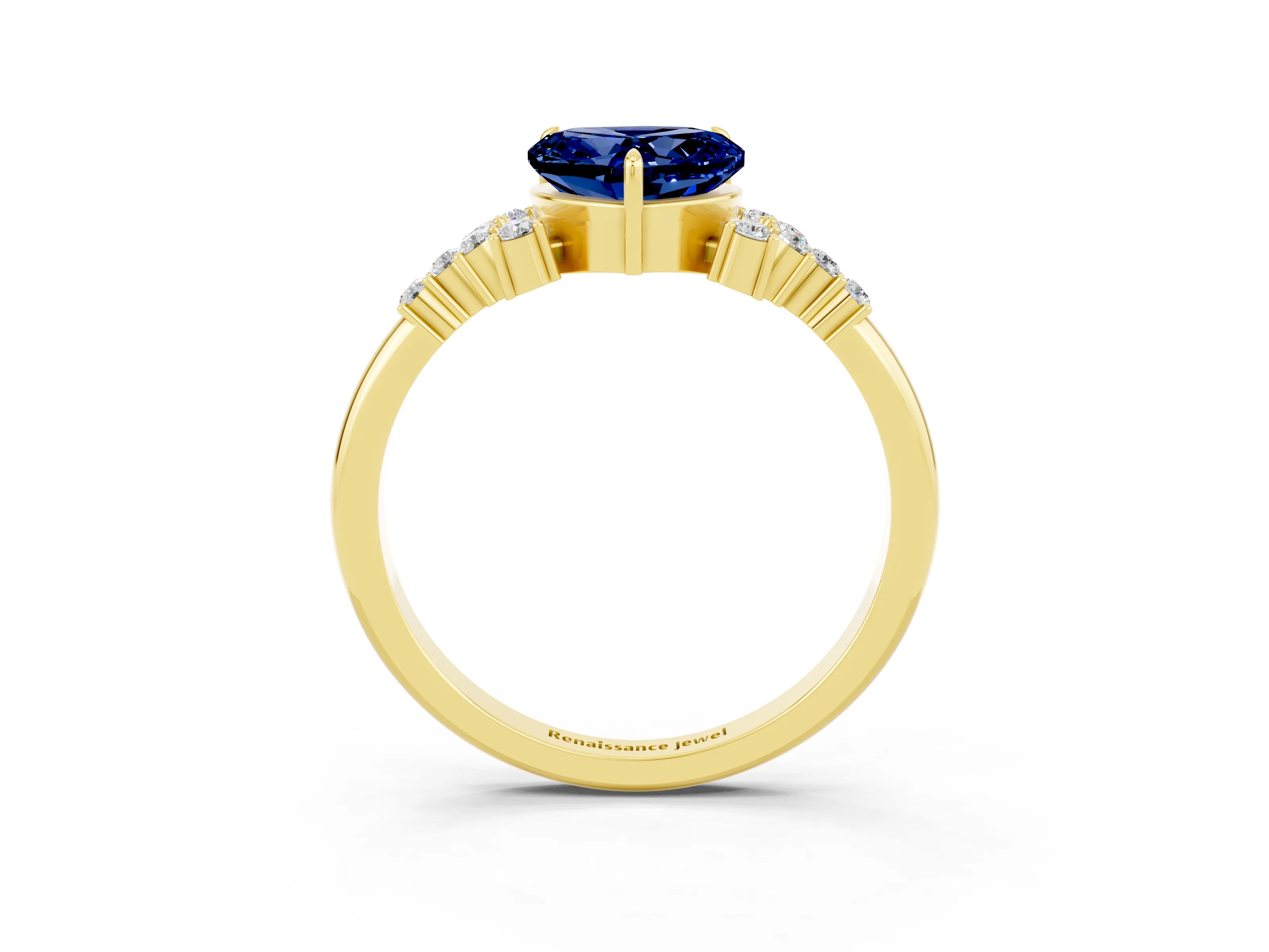 Yellow gold Heart Cut Blue Sapphire Ring with Side Stones and Four-Prong Setting_39