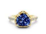 Yellow gold Heart Cut Blue Sapphire Scalloped Halo Engagement Ring with Round Shared Prong Band_24