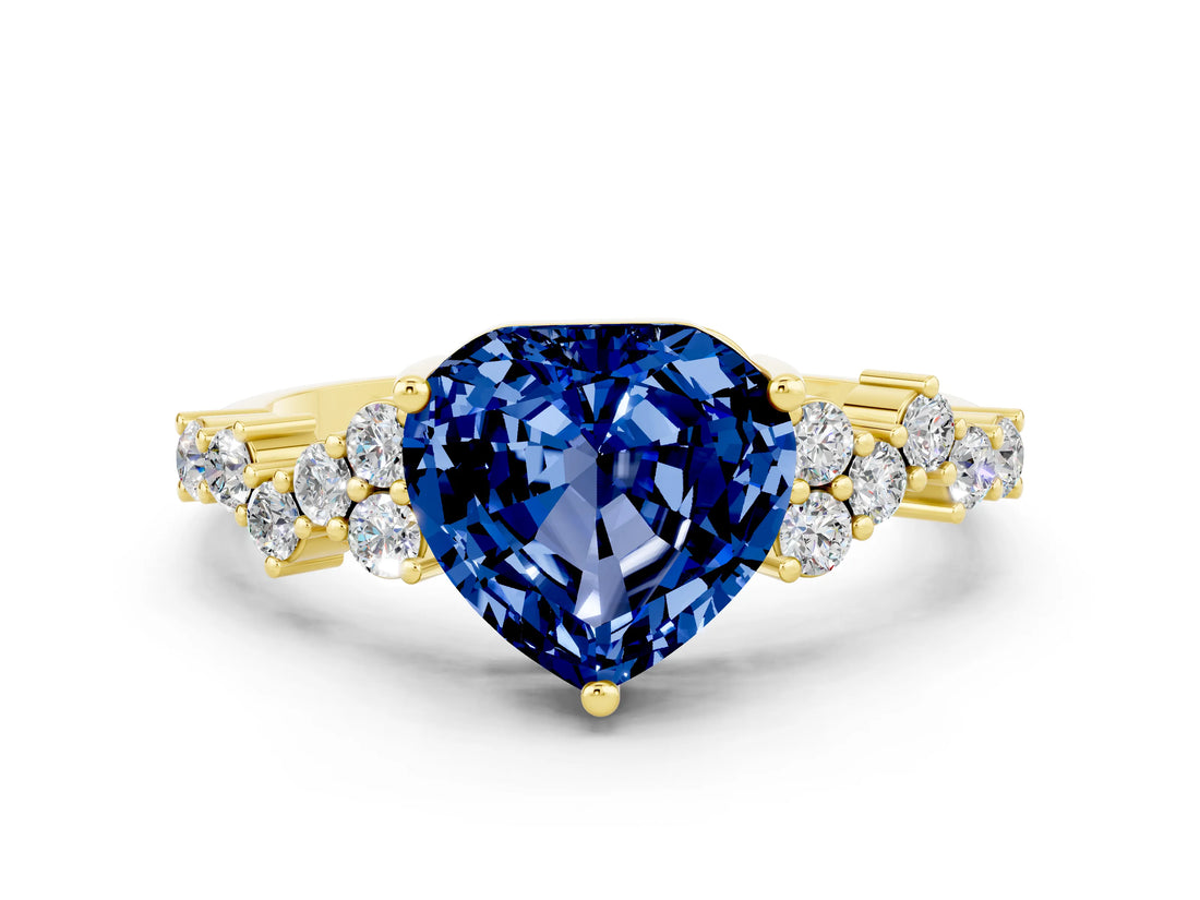 Yellow gold Heart Cut Blue Sapphire Scattered Round Accent Ring with Prong Setting_12