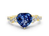 Yellow gold Heart Cut Blue Sapphire Scattered Round Accent Ring with Prong Setting_12