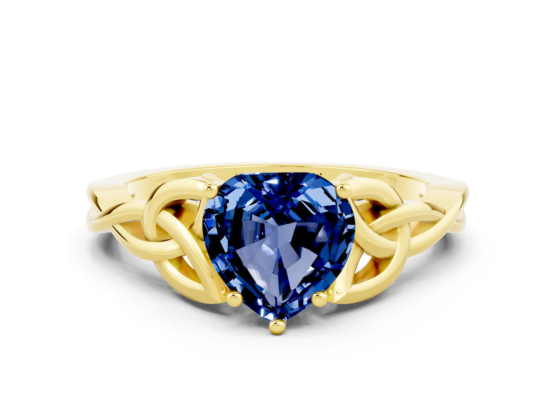 Yellow gold Heart Cut Blue Sapphire Solitaire Celtic Knot Ring with Four-Prong Setting_12