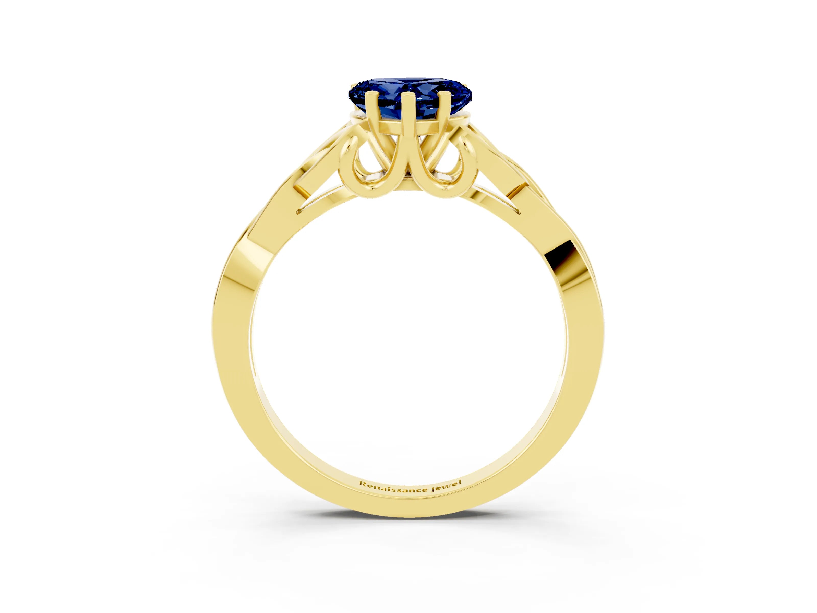 Yellow gold Heart Cut Blue Sapphire Solitaire Celtic Knot Ring with Four-Prong Setting_15