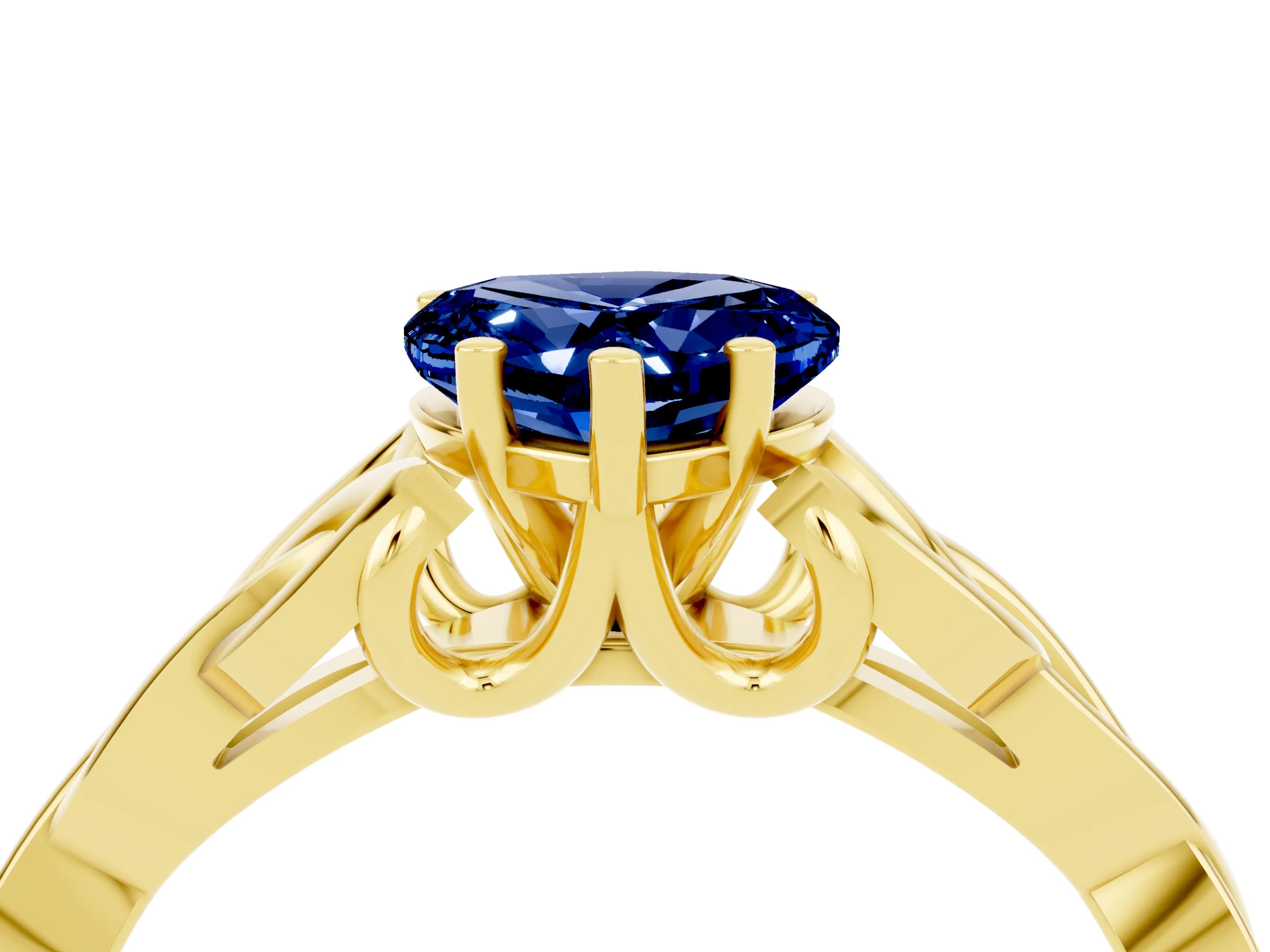 Yellow gold Heart Cut Blue Sapphire Solitaire Celtic Knot Ring with Four-Prong Setting_16