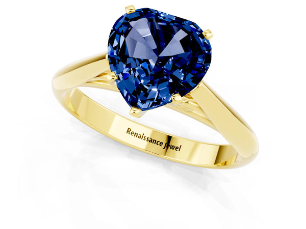 Yellow gold Heart Cut Blue Sapphire Solitaire Engagement Ring with Cathedral Setting and Four-Prong Mount