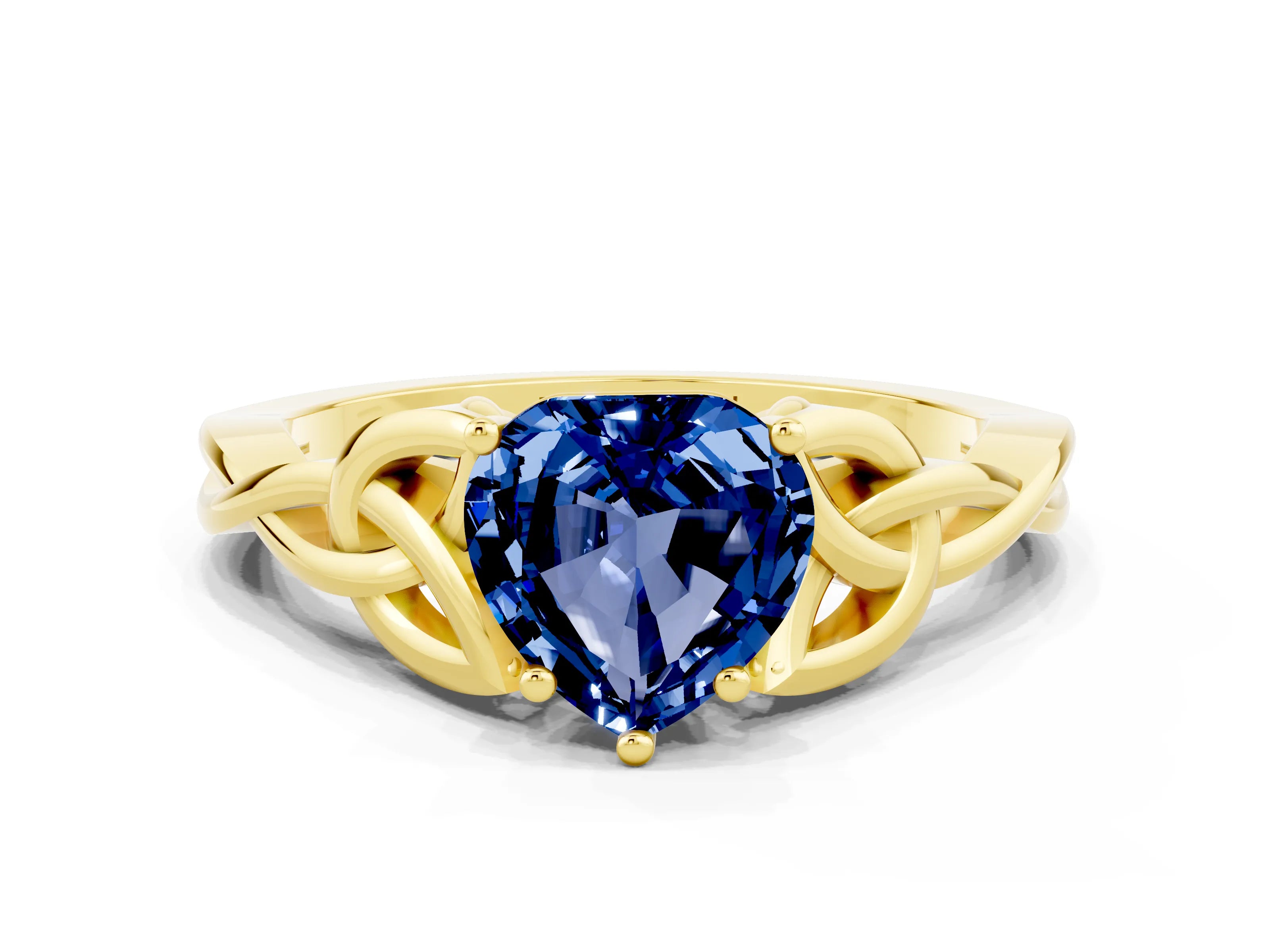 Yellow gold Heart Cut Blue Sapphire Solitaire Engagement Ring with Celtic Knot Band and Four-Prong Setting