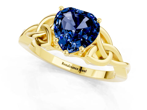 Yellow gold Heart Cut Blue Sapphire Solitaire Engagement Ring with Celtic Knot Band and Four-Prong Setting_1