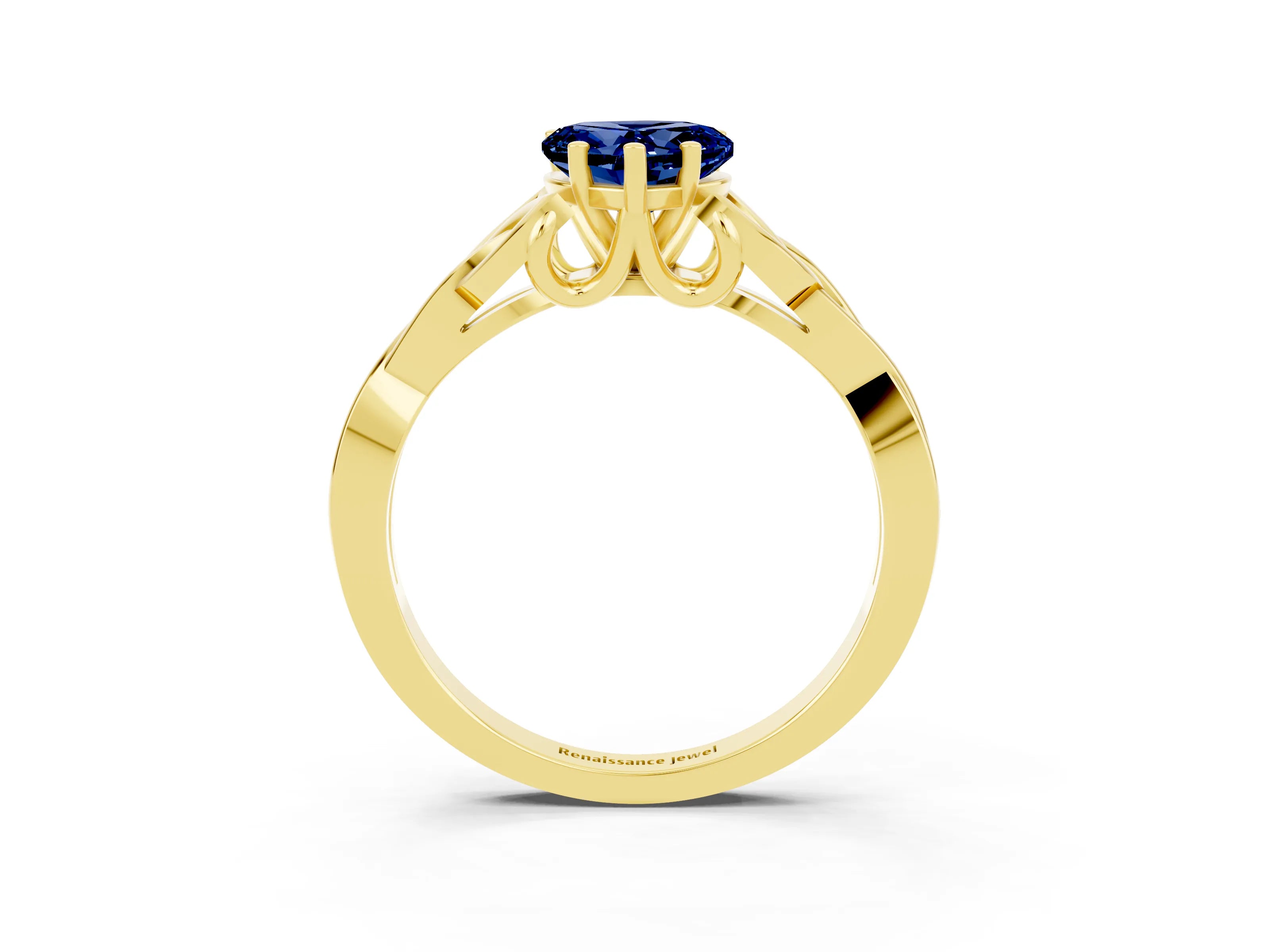 Yellow gold Heart Cut Blue Sapphire Solitaire Engagement Ring with Celtic Knot Band and Four-Prong Setting_3