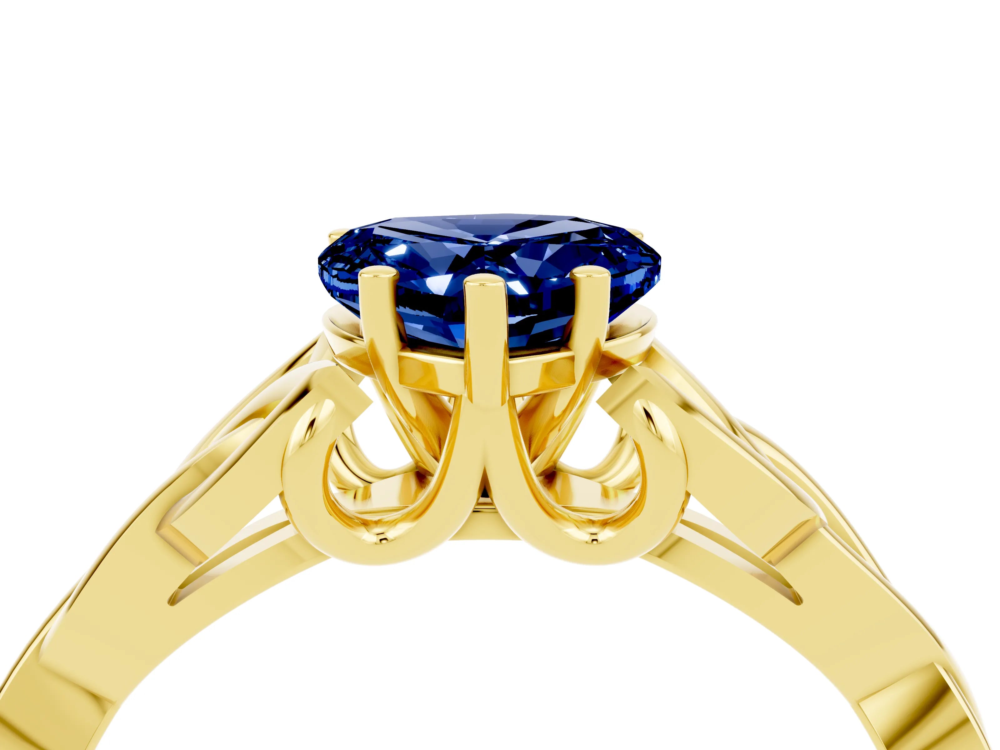 Yellow gold Heart Cut Blue Sapphire Solitaire Engagement Ring with Celtic Knot Band and Four-Prong Setting_4