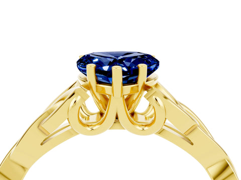 Yellow gold Heart Cut Blue Sapphire Solitaire Engagement Ring with Celtic Knot Band and Four-Prong Setting_4