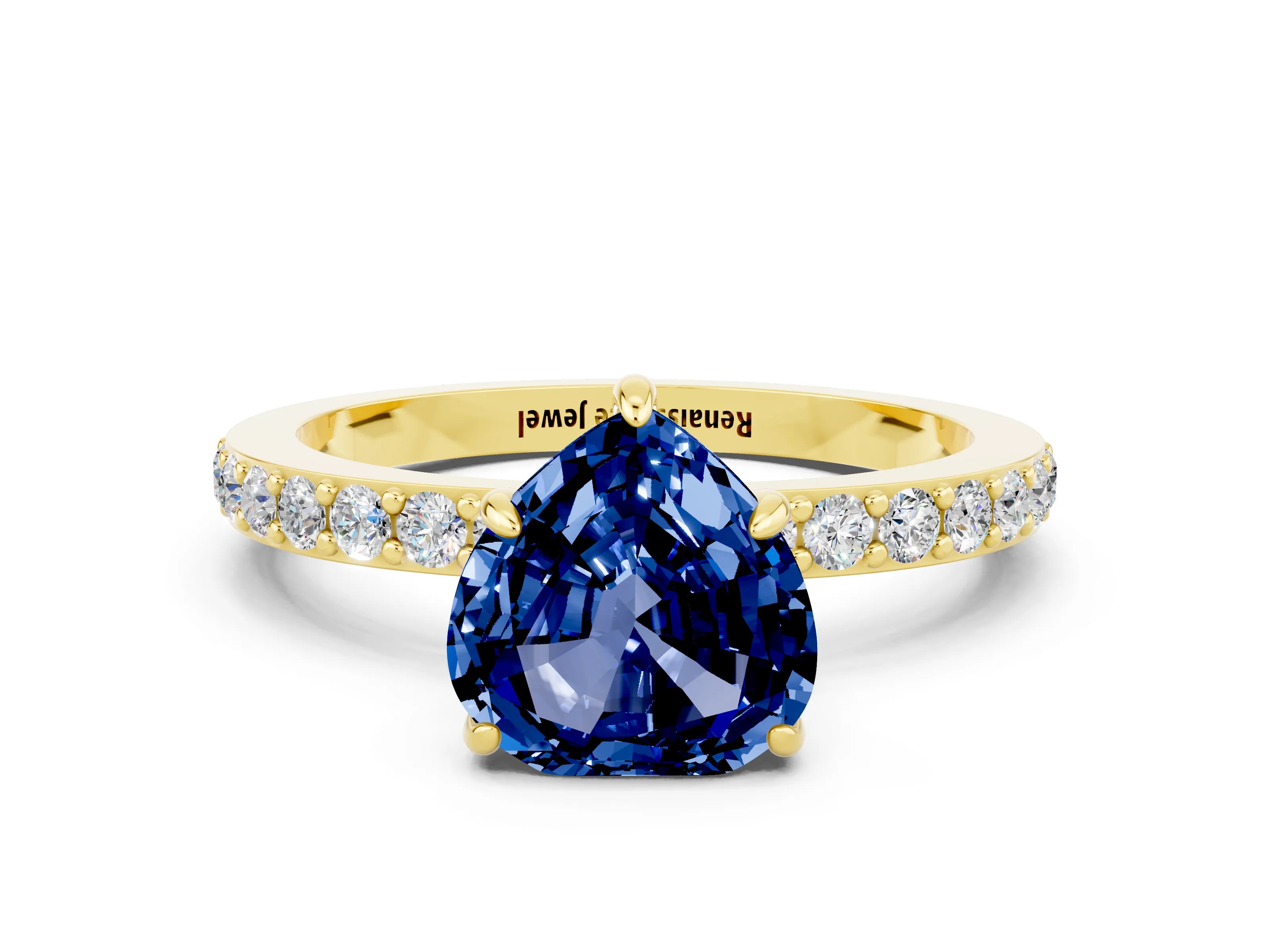 Yellow gold Heart Cut Blue Sapphire Solitaire Engagement Ring with Pavé Band and Four-Prong Setting