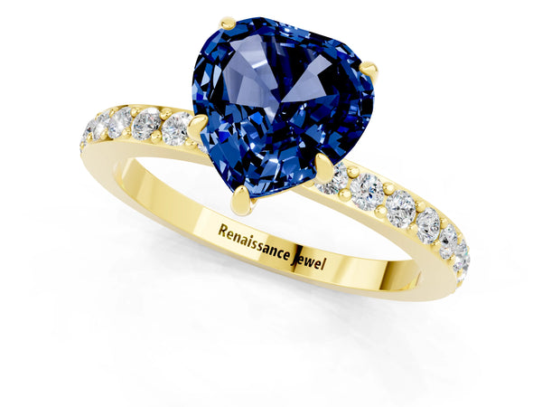 Yellow gold Heart Cut Blue Sapphire Solitaire Engagement Ring with Pavé Band and Four-Prong Setting