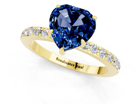 Yellow gold Heart Cut Blue Sapphire Solitaire Engagement Ring with Pavé Band and Four-Prong Setting_1