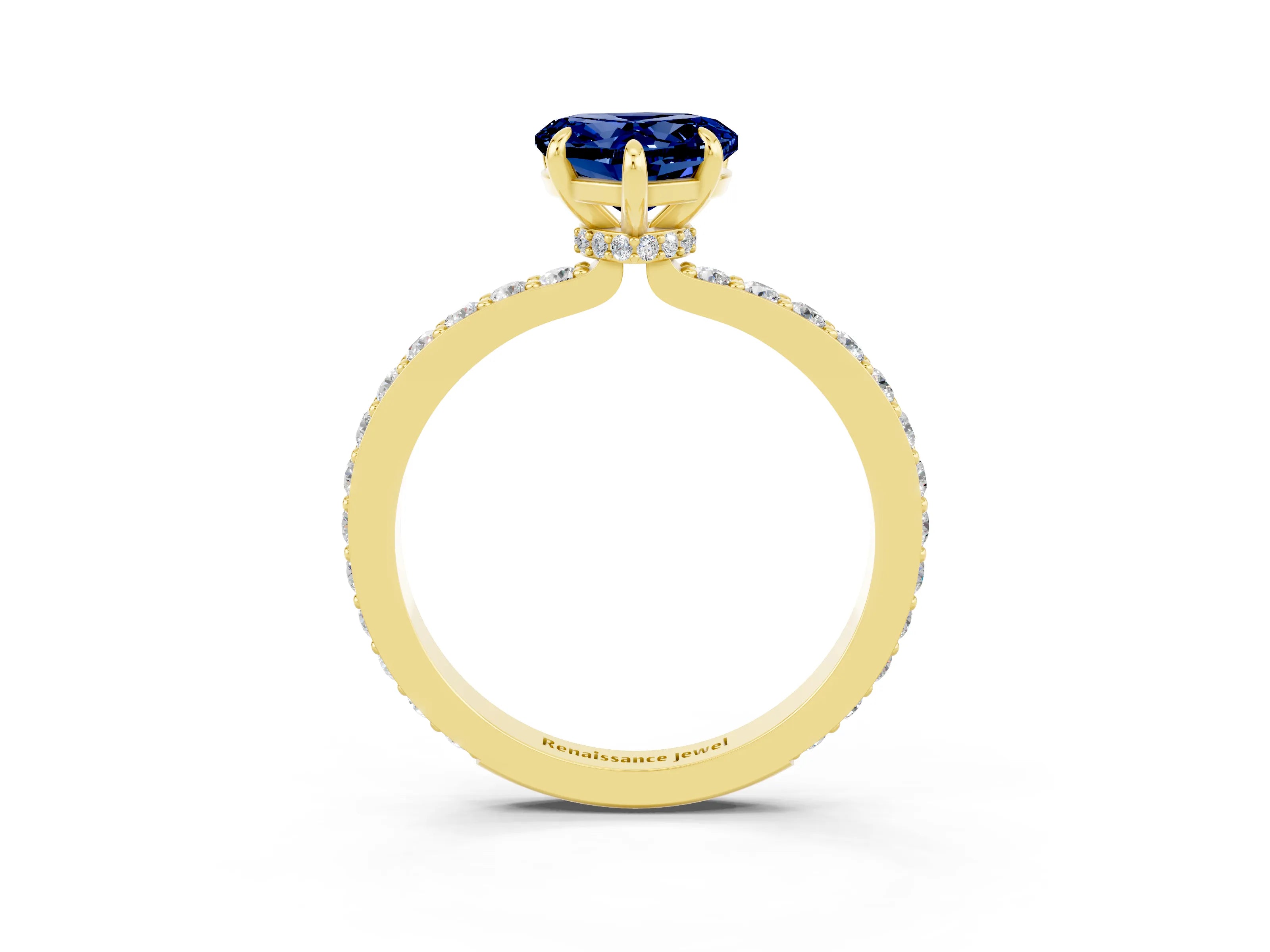 Yellow gold Heart Cut Blue Sapphire Solitaire Engagement Ring with Pavé Band and Four-Prong Setting_3
